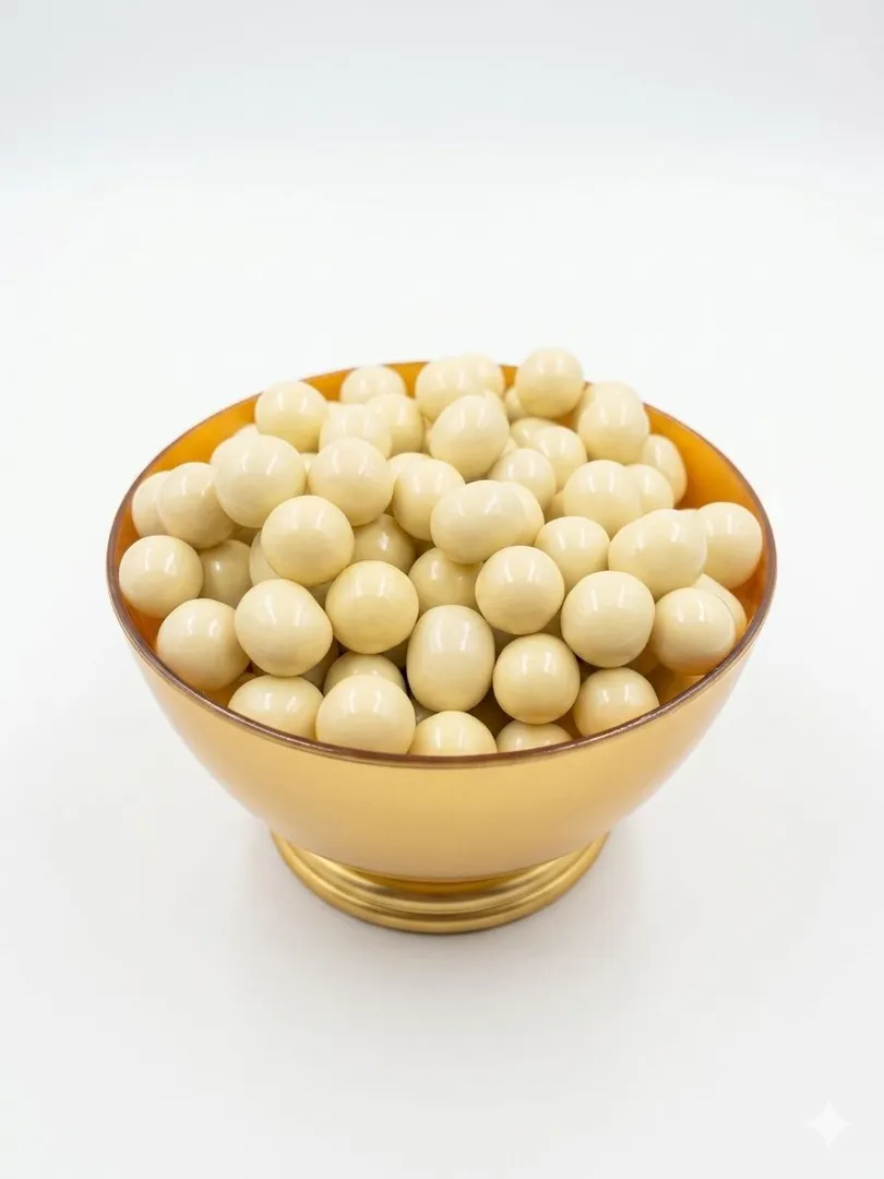 Crispy dragee coated in white chocolate