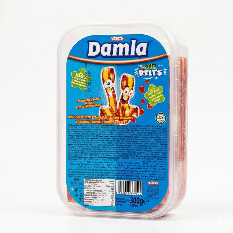 Tayas Damla Turkish Sour Liquorice Belt with Strawberry and Banana Flavor 300gr