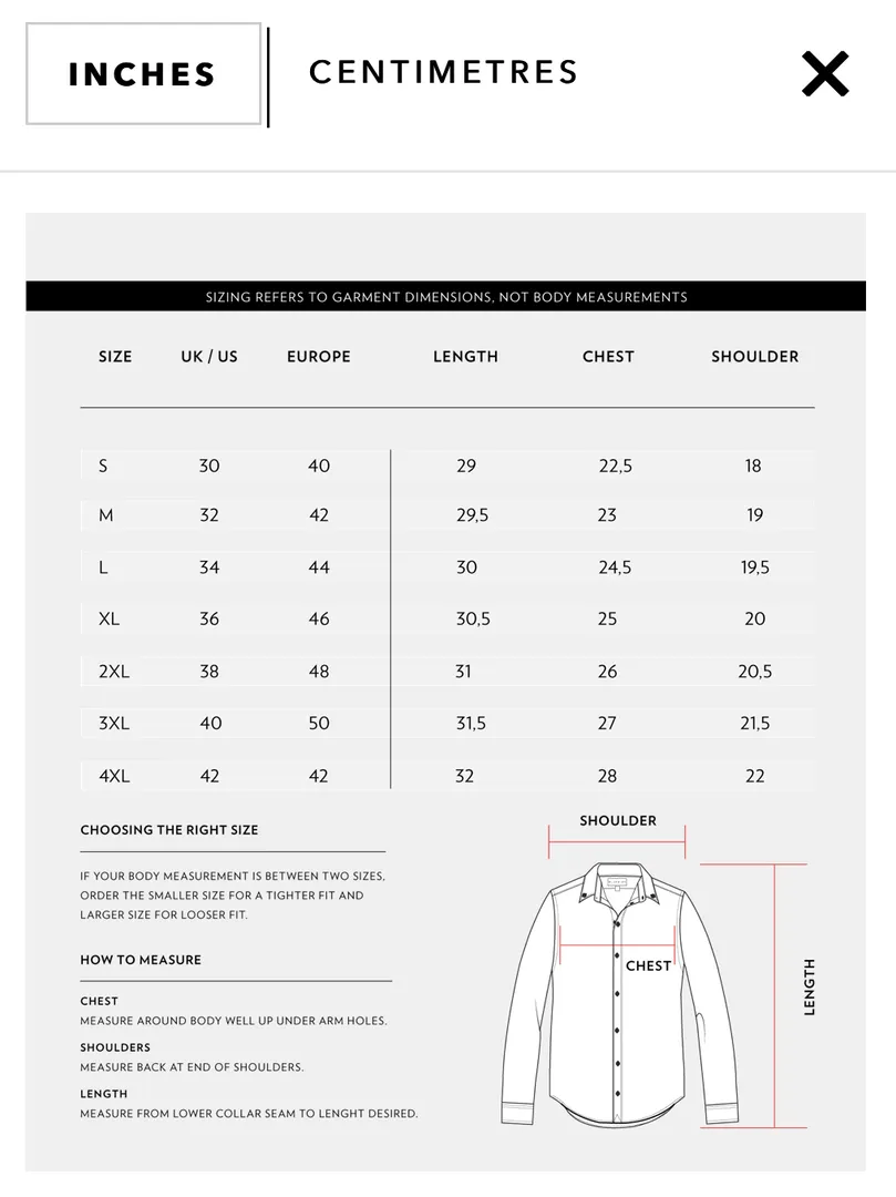 Linen shirt size chart