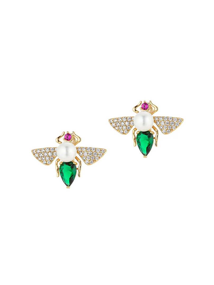 Eye Candy LA - Luxe Bee 18K Goldplated, Faux Pearl & Multicolored Crystal Stud Earrings