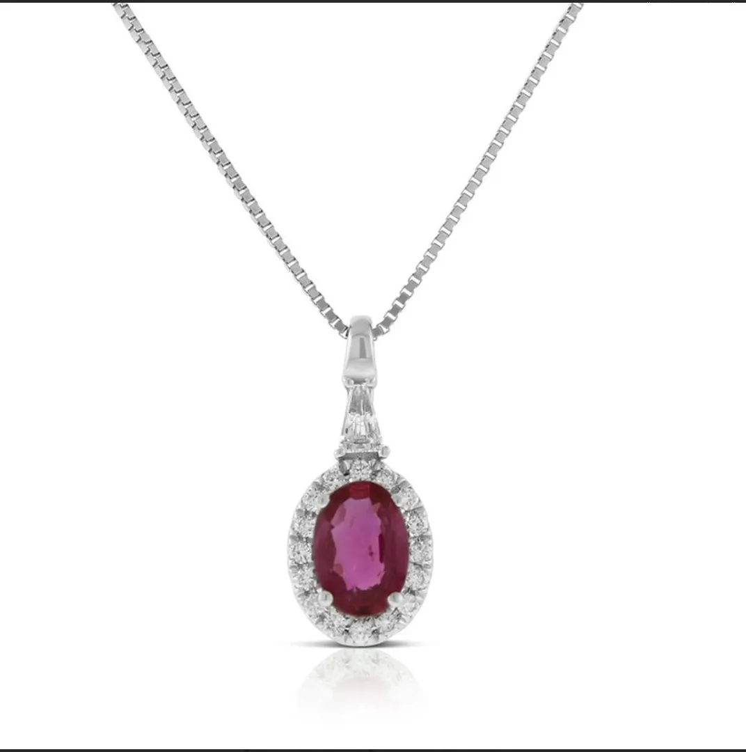 Oval Ruby & Diamond Halo Necklace 14K