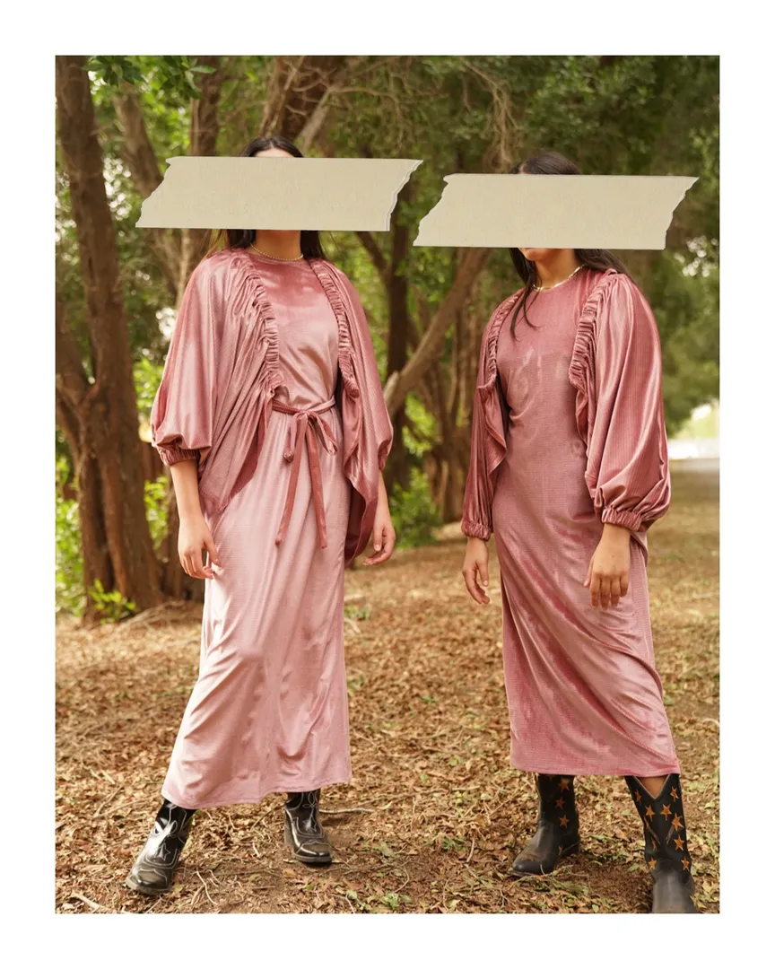 Shimmer Velvet Slip & Balloon Shrug- Dusty Pink